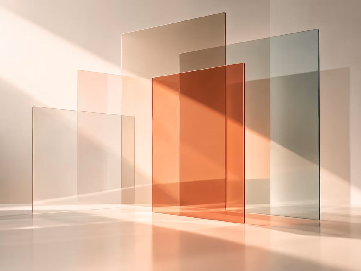 Overlapping translucent glass panels in warm neutral tones, illuminated by sunlight.