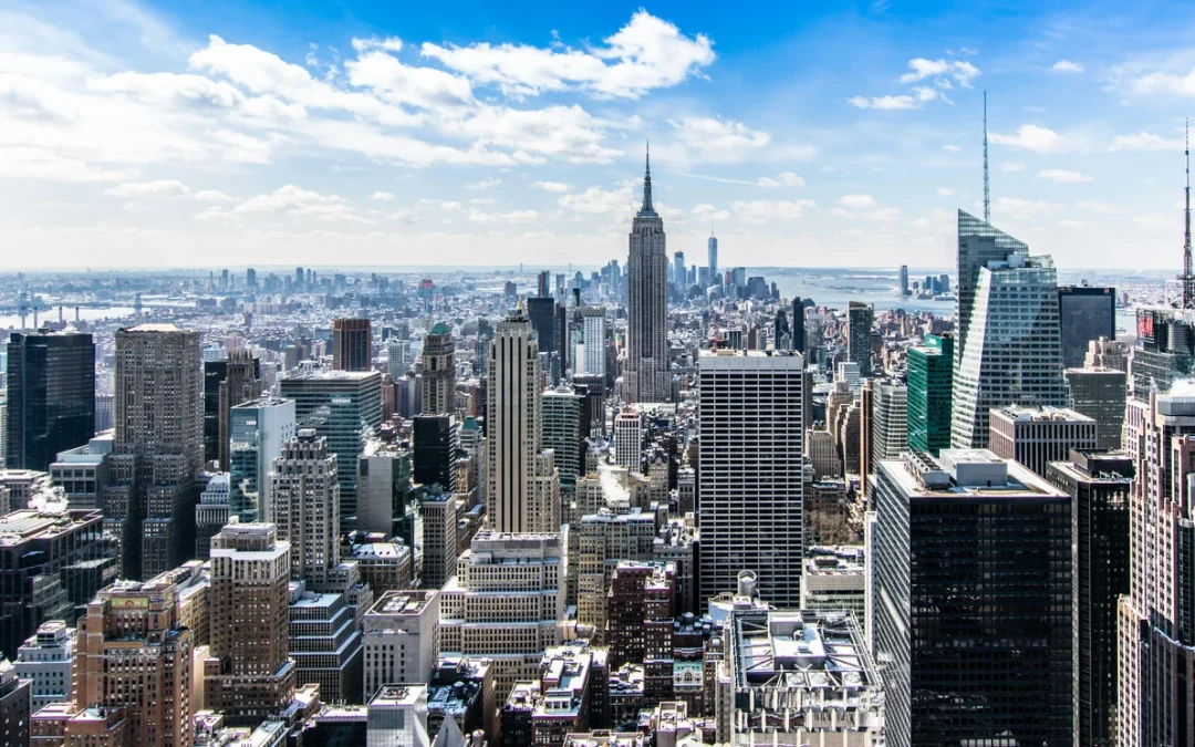 Panoramic view of New York City skyline with skyscrapers, symbolizing global presence and connectivity